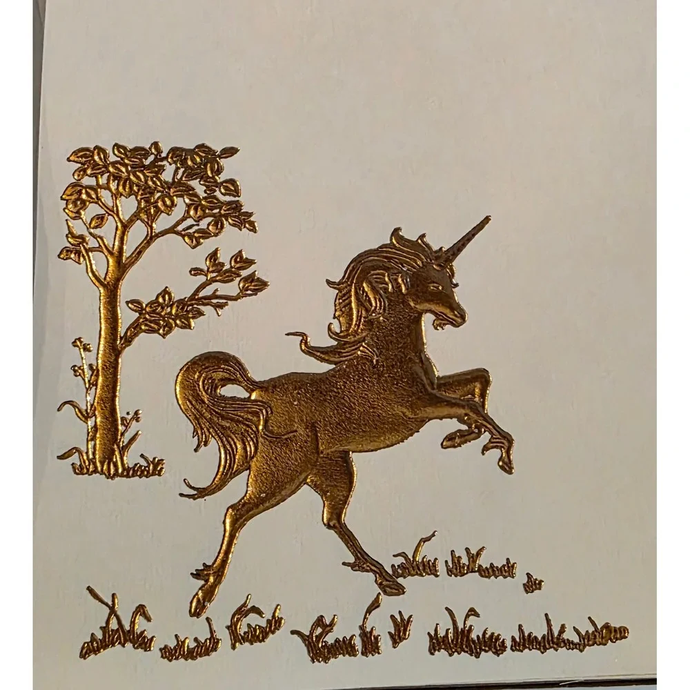 Vintage American Greetings Forget Me Not Gold Embossed Unicorn Stationery Set